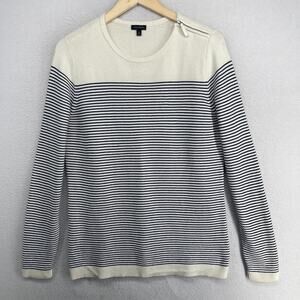TALBOTS Sweater M Cotton Cashmere Jumper Striped Shoulder Zip Pullover Blue